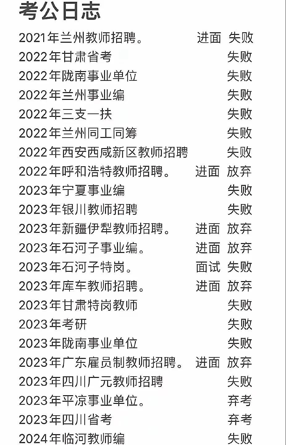 看完这位朋友的考试经历，发现考编真的很难，从21年就开始考，涵盖了事业编、教师和