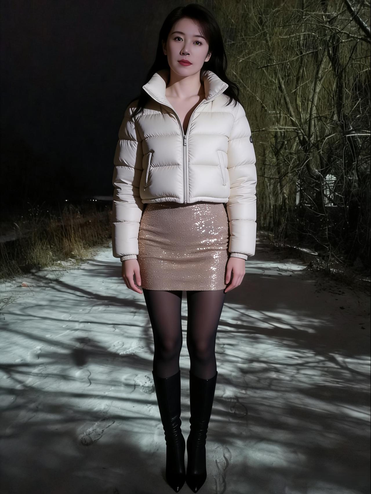 白袄像初雪落肩，亮片裙是星子织就的绸缎，黑丝如墨，晕开在雪的留白间。～