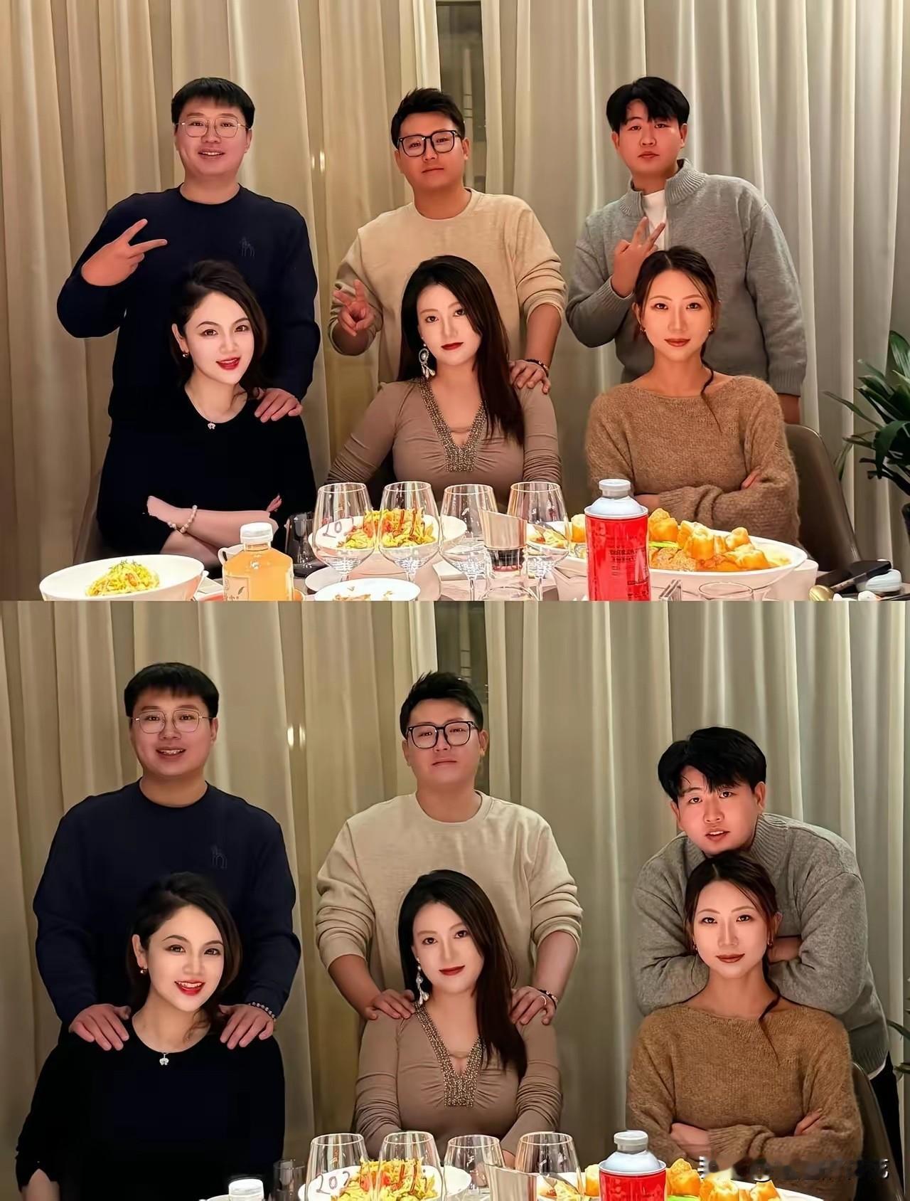 三对夫妻同框，大家觉得哪位妻子颜值气质更出众？两张聚餐合照，三组夫妻并排同框