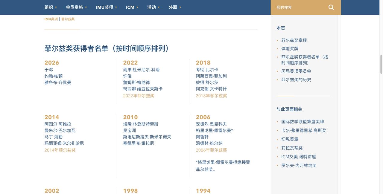 荣获被誉为“数学界诺贝尔奖”的菲尔兹奖（FieldsMedal）。王虹遗憾没有