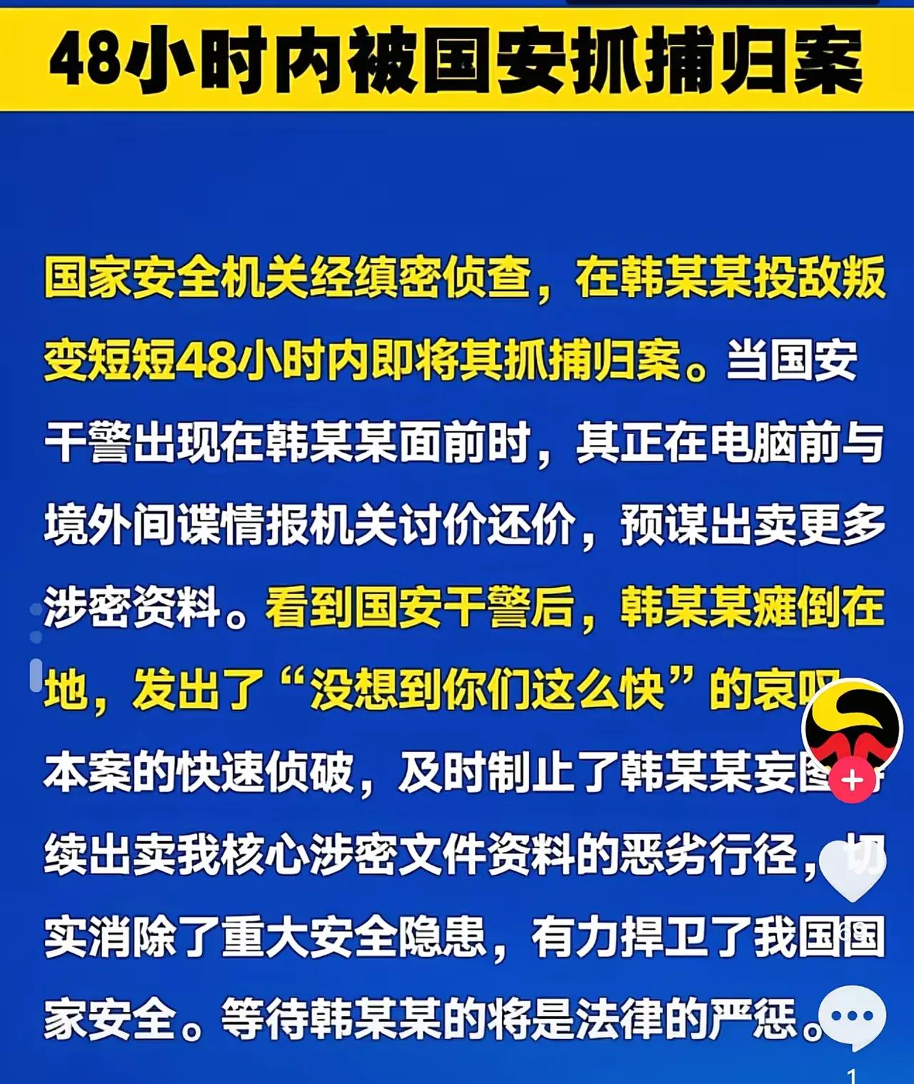 大快人心！韩某某投敌叛变48小时被现场抓捕！感叹中国效率！叛徒还在电脑前跟敌