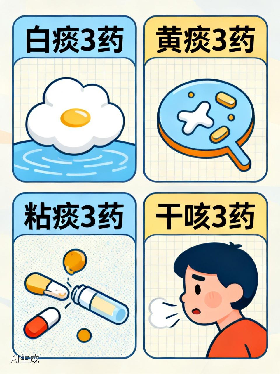 白痰3药，黄痰3药，粘痰3药，干咳3药，4种流感咳嗽对应12种中成药流感后咳