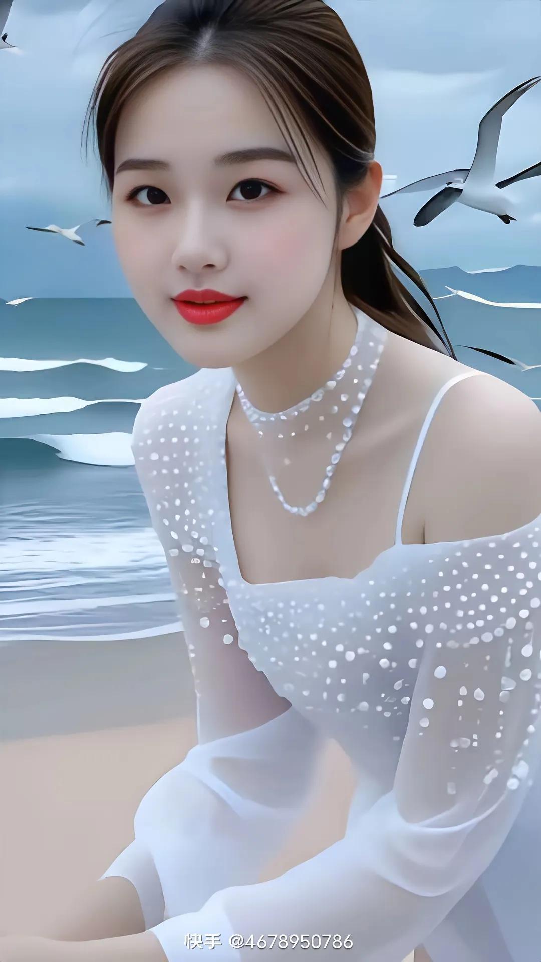 海边姑娘穿白色点点裙，好漂亮！