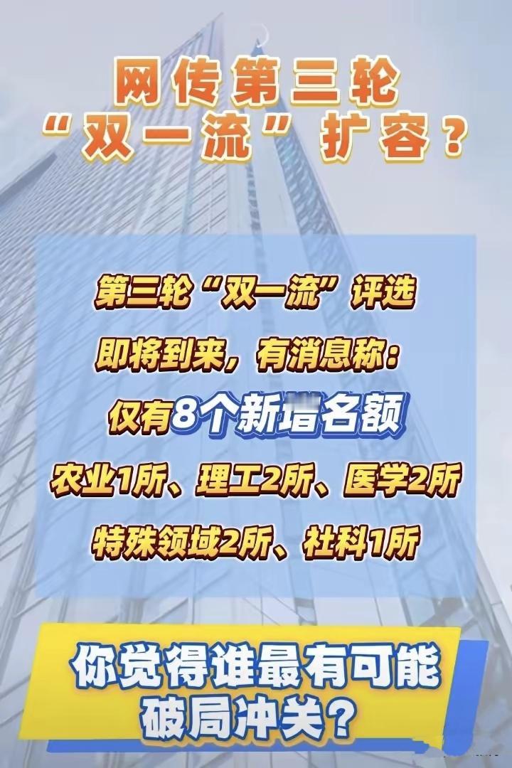 如果按这个说法，下一轮双一流仅新增八所，会是哪几所高校呢？至少目前，按学科实力、