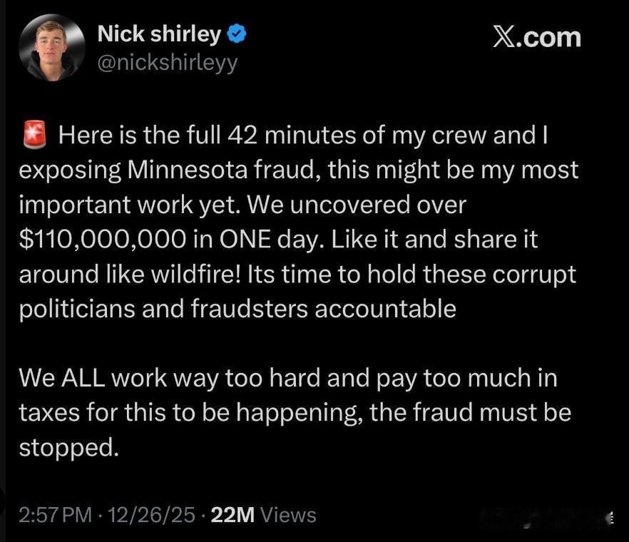 X博主NickShirley发文称他们发现了明尼苏达州的欺诈证据，在一天内发现