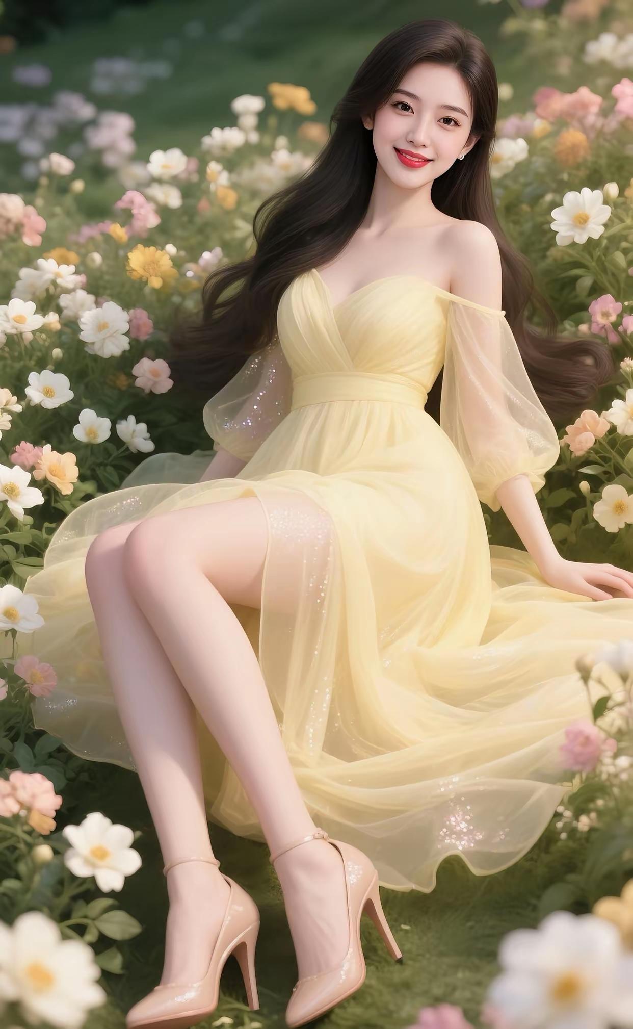 梦幻花海中的甜美公主，浅黄色礼服与粉色高跟鞋相得益彰，绽放出迷人的光彩。