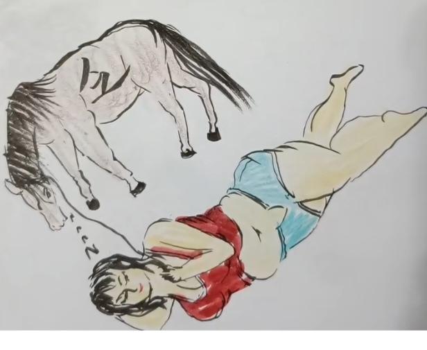 〔看图猜成语〕图中画面有意思；好像美女要睡觉；旁边小马也发乏；谐音猜个成