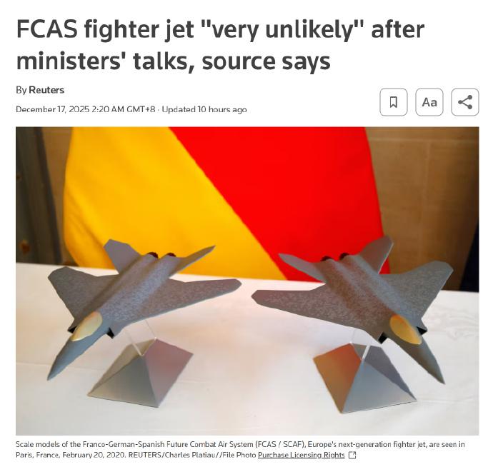 【法国德国西班牙合力研制六代机，PPT还没画完项目就要夭折】路透社报道，近日