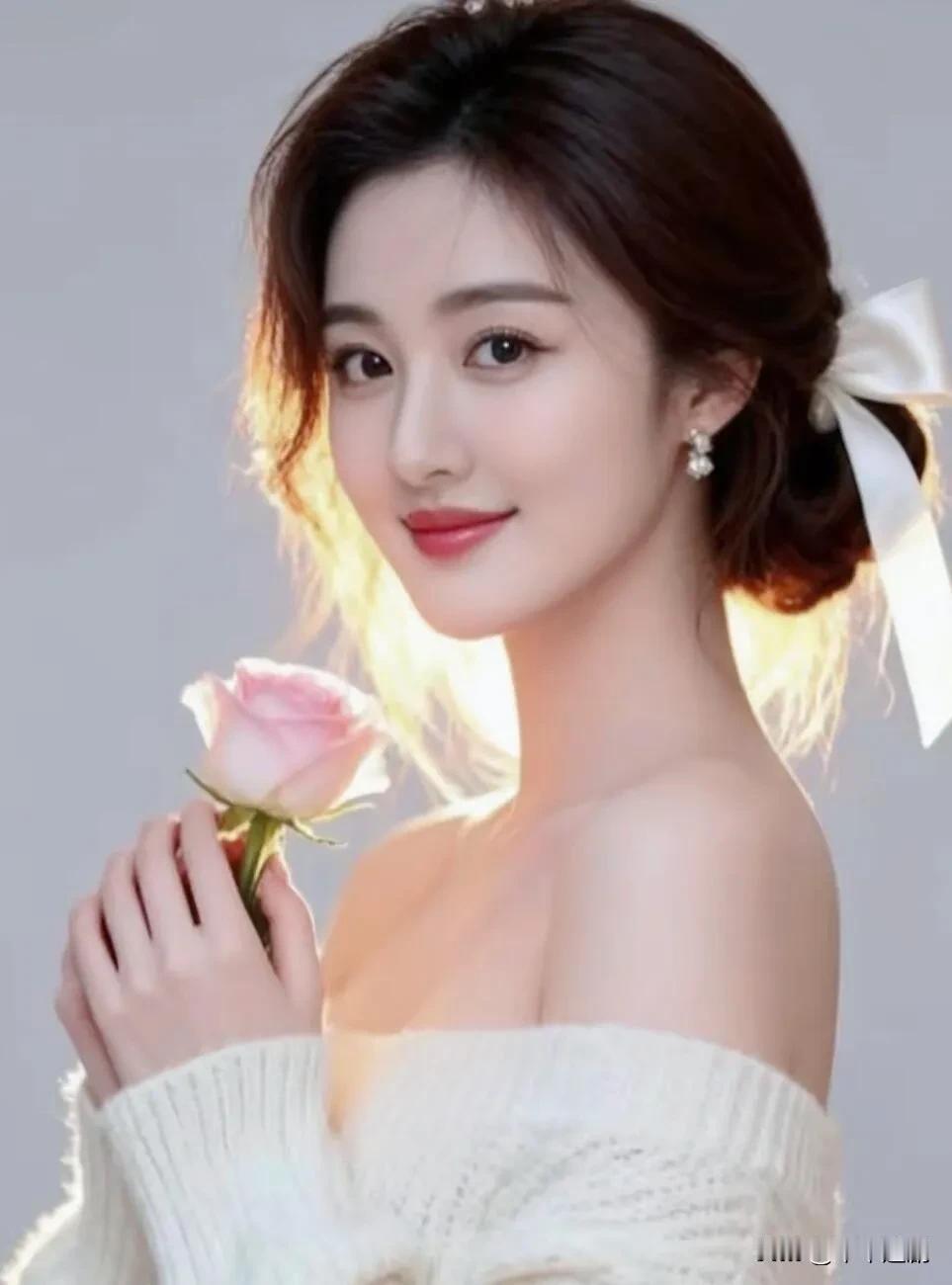 白绒裹着软光，粉玫抵在指尖。发梢的蝴蝶结沾了暖，连唇色都浸着浅春的甜。温柔感美