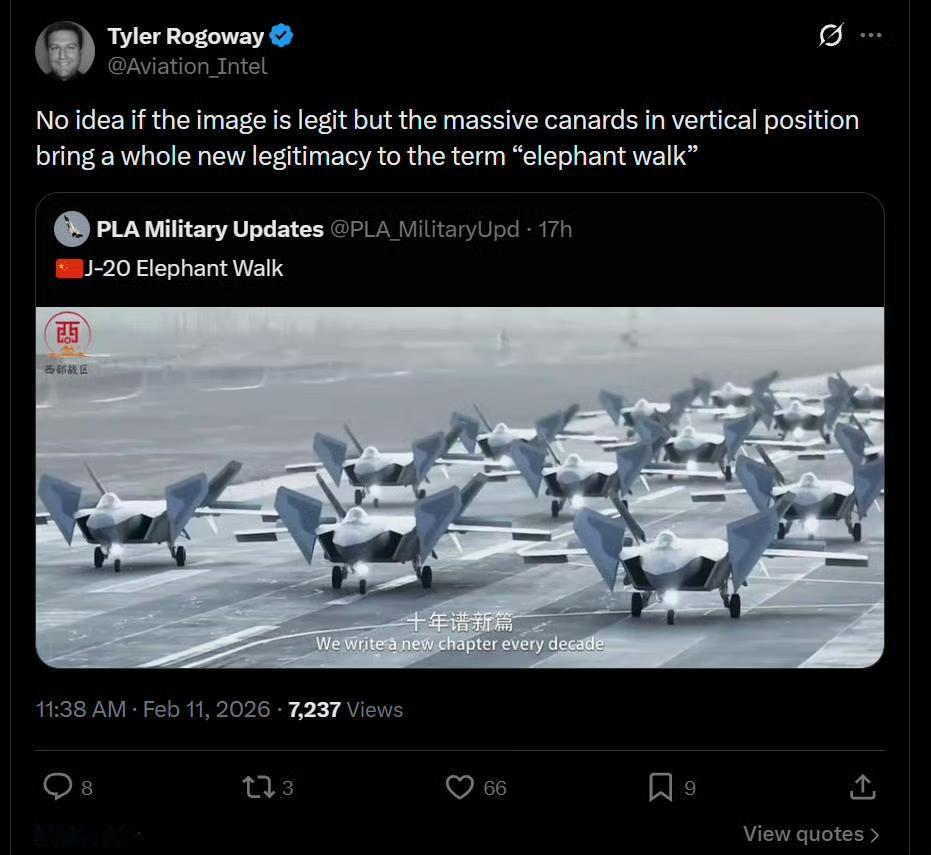 WarZone的主编TylerRogoway吐槽说，歼20在鸭翼向上的情况下