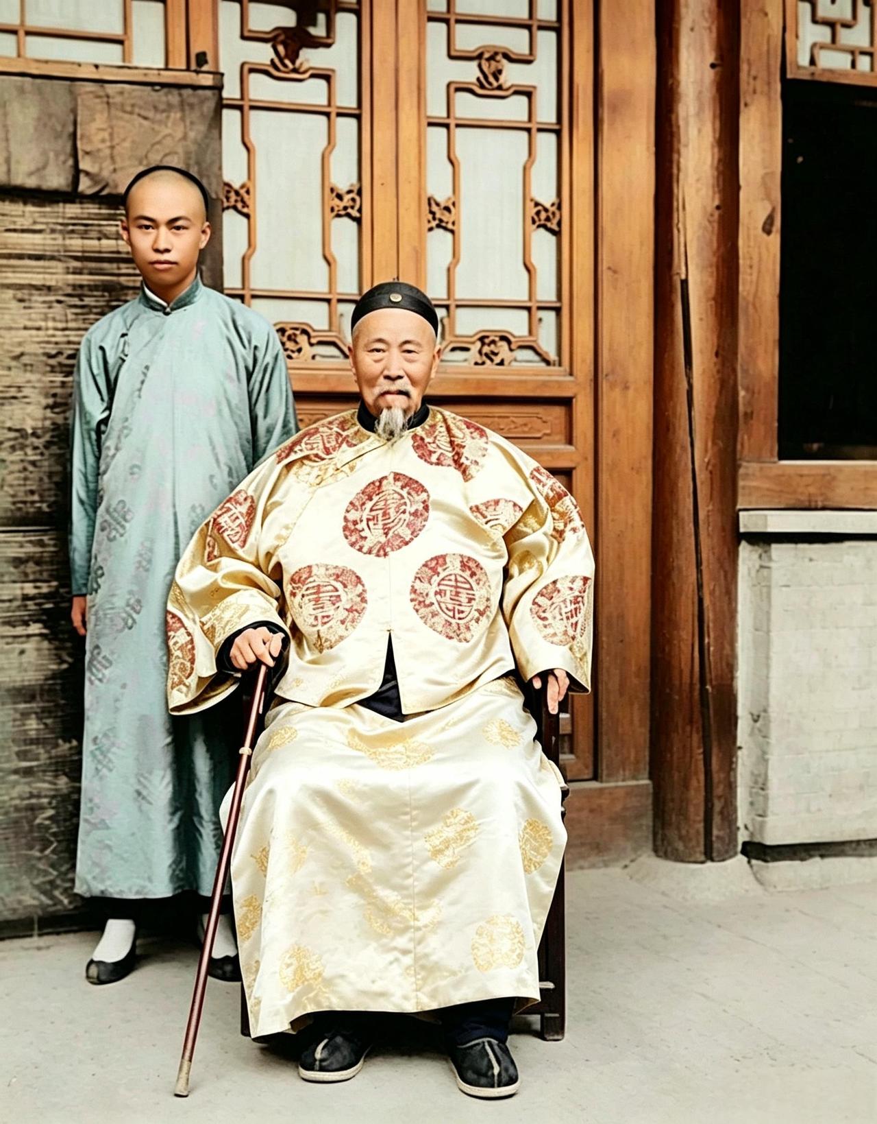 这是年迈的李鸿章与年幼的小儿子李经迈。父子俩年龄相差五十四岁。李鸿章可谓老来得子