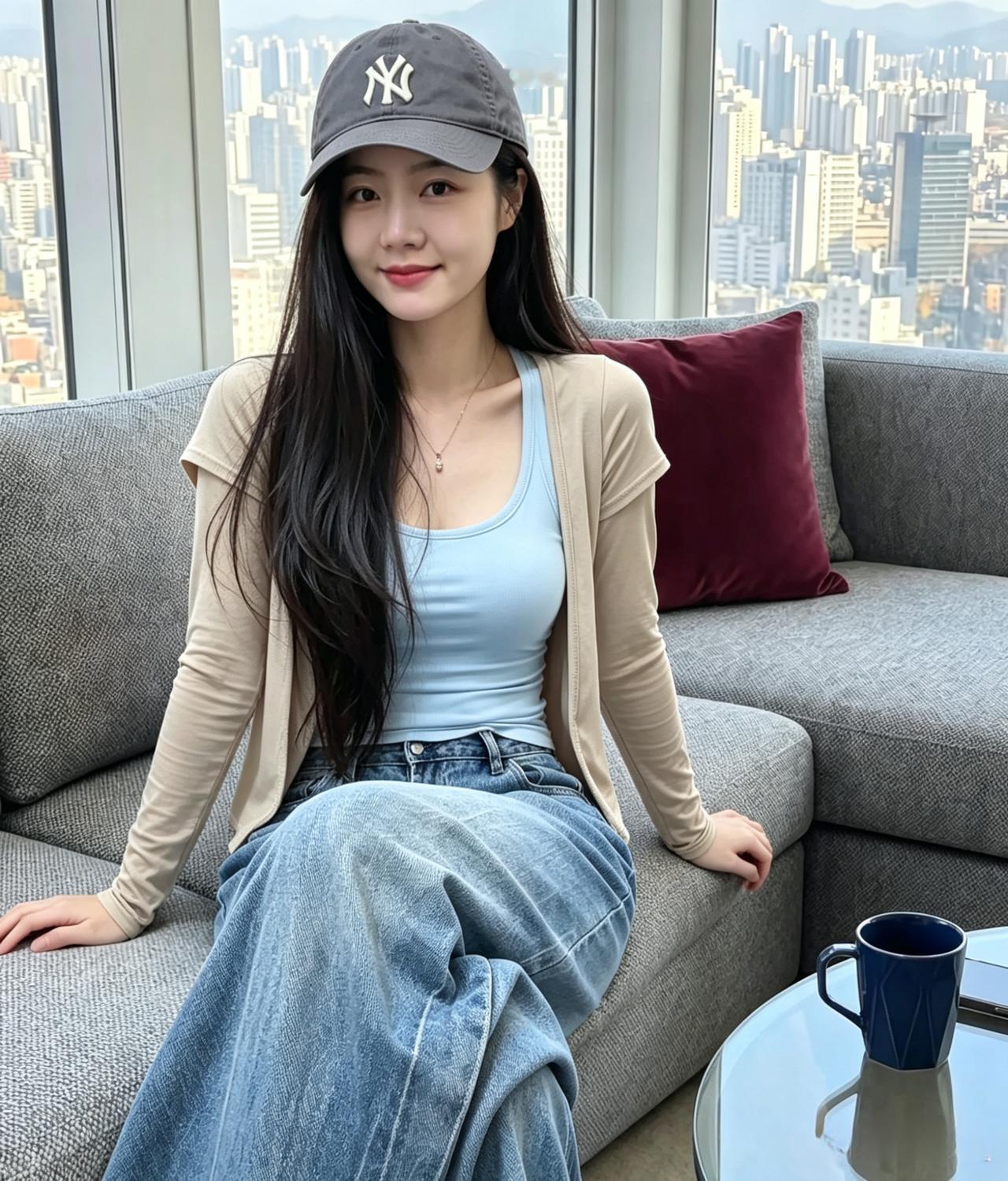 棒球帽压下一点随性长发漫过肩头把所有局促都轻轻抚平～浅蓝的背心接住天光