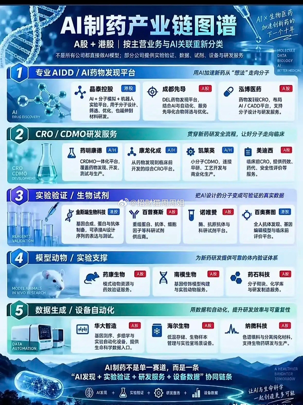 这张图谱完整梳理了AI制药整条产业链，覆盖A股与港股相关企业，并根据业务类型划分成五大板块。第一类是