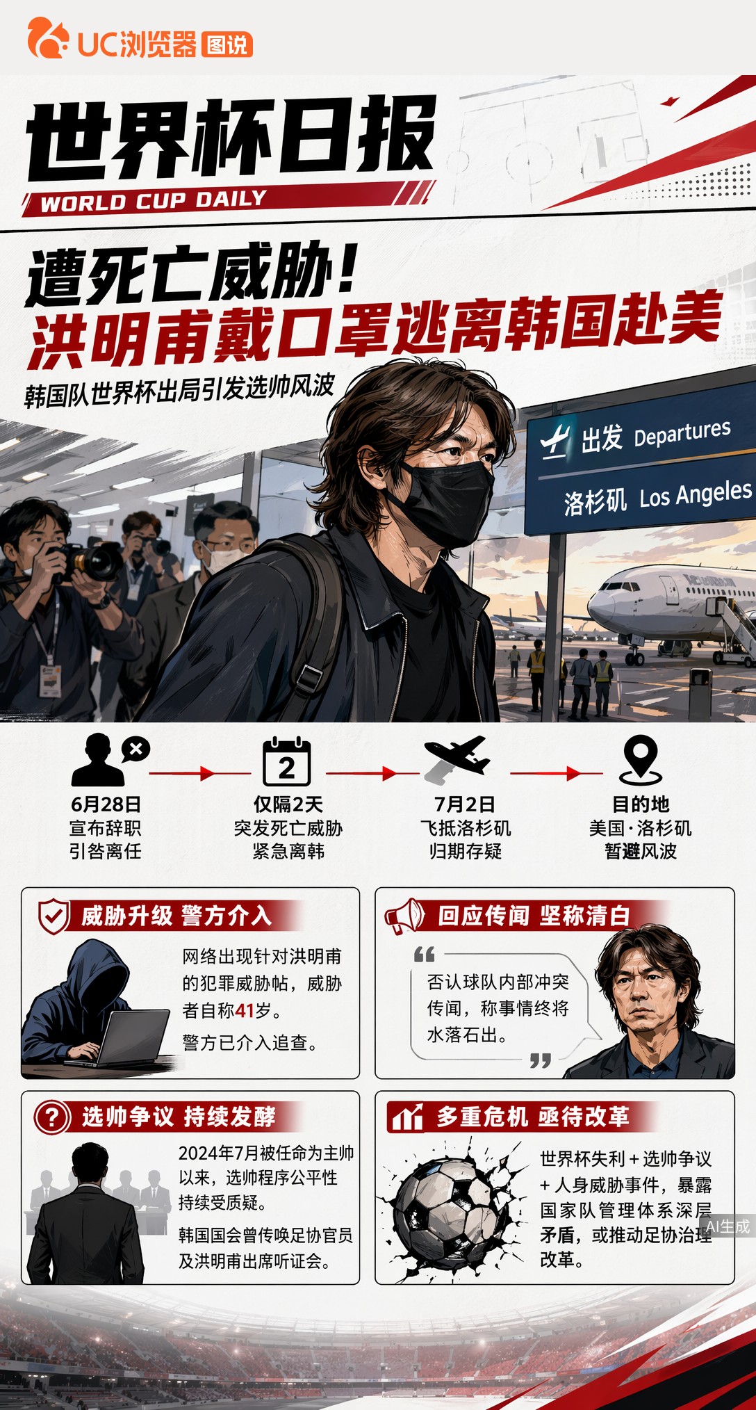 遭死亡威胁！洪明甫戴口罩逃离韩国赴美，归期存疑