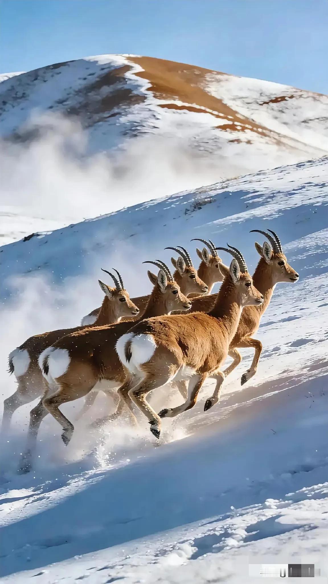 一群鹿在雪地里飞奔，真壮观！