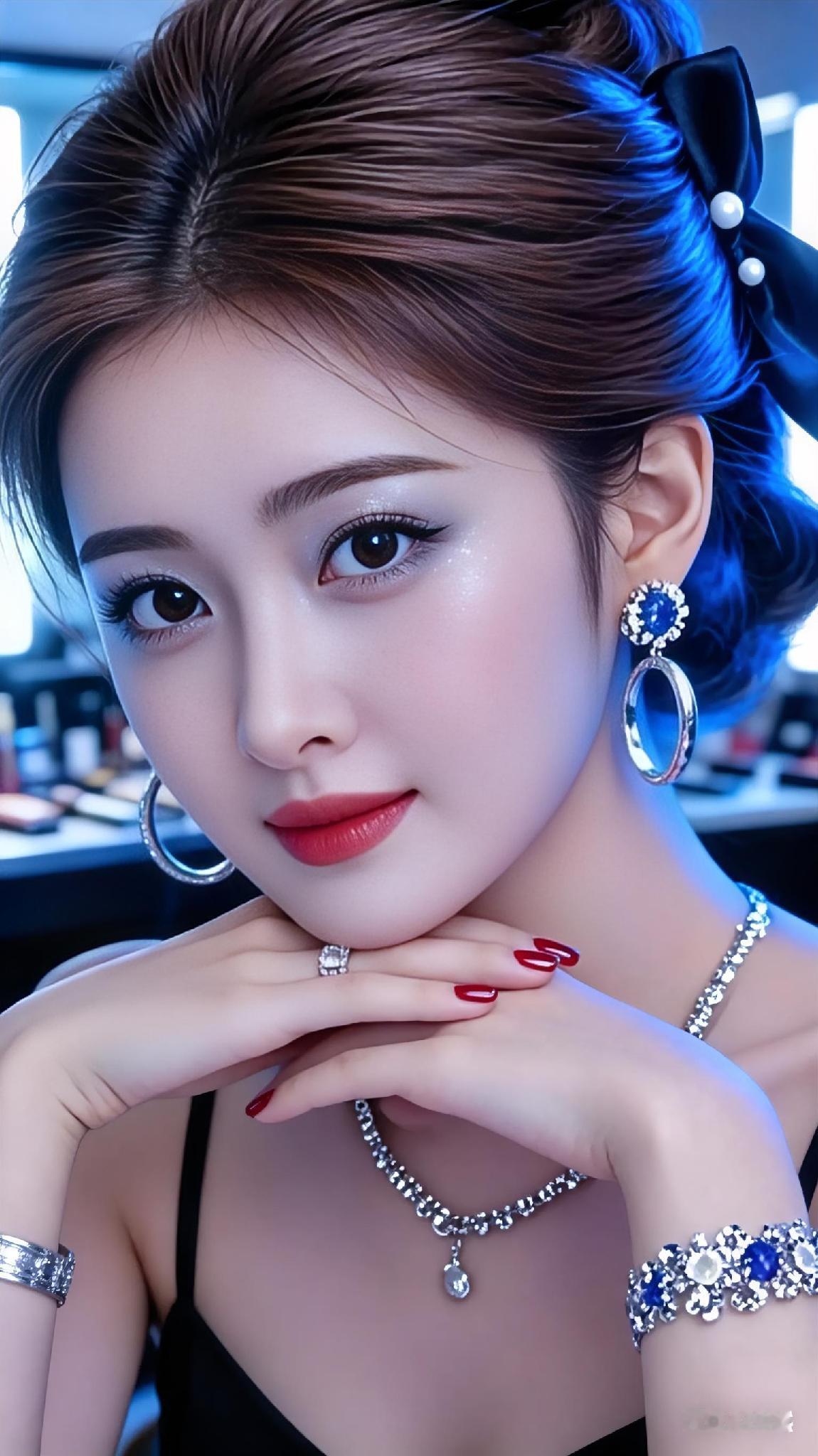 女人犹如一幅精雕细琢的画卷，细腻的线条和完美的色彩构成了一幅充满诗意和生活情趣的