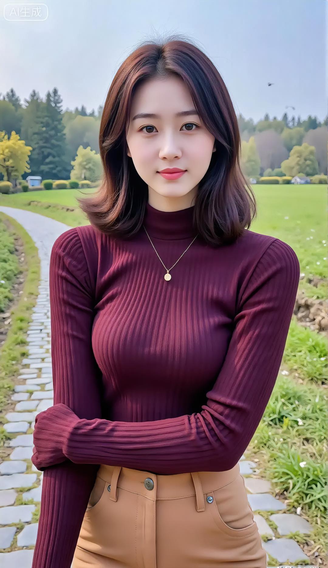 穿搭指南：酒红色高领毛衣+米色高腰裤，温暖又时尚！