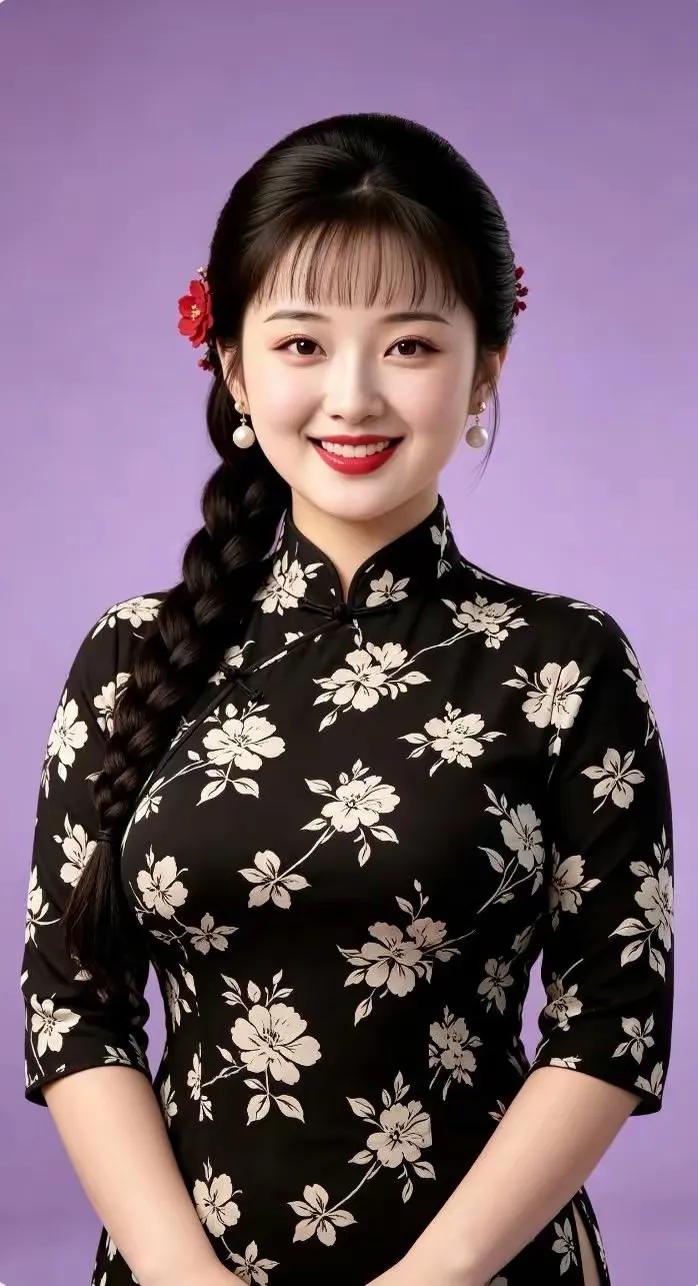 旗袍穿身上，辫子粗又长。满面微含笑，美女真漂亮。