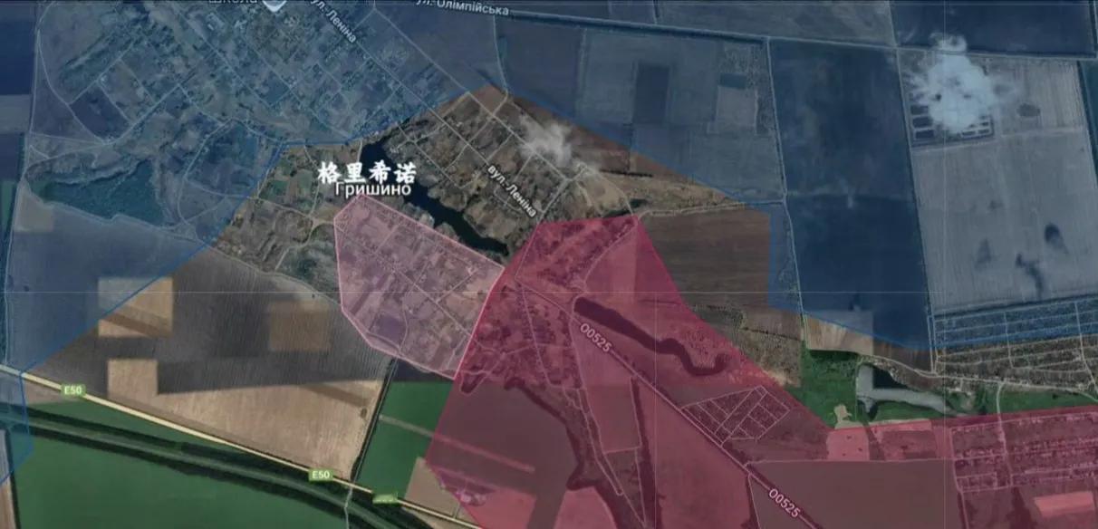 俄军中部集群攻到了格里希诺镇中心了。格里希诺是位于红军城西北的一个镇子，之前乌军