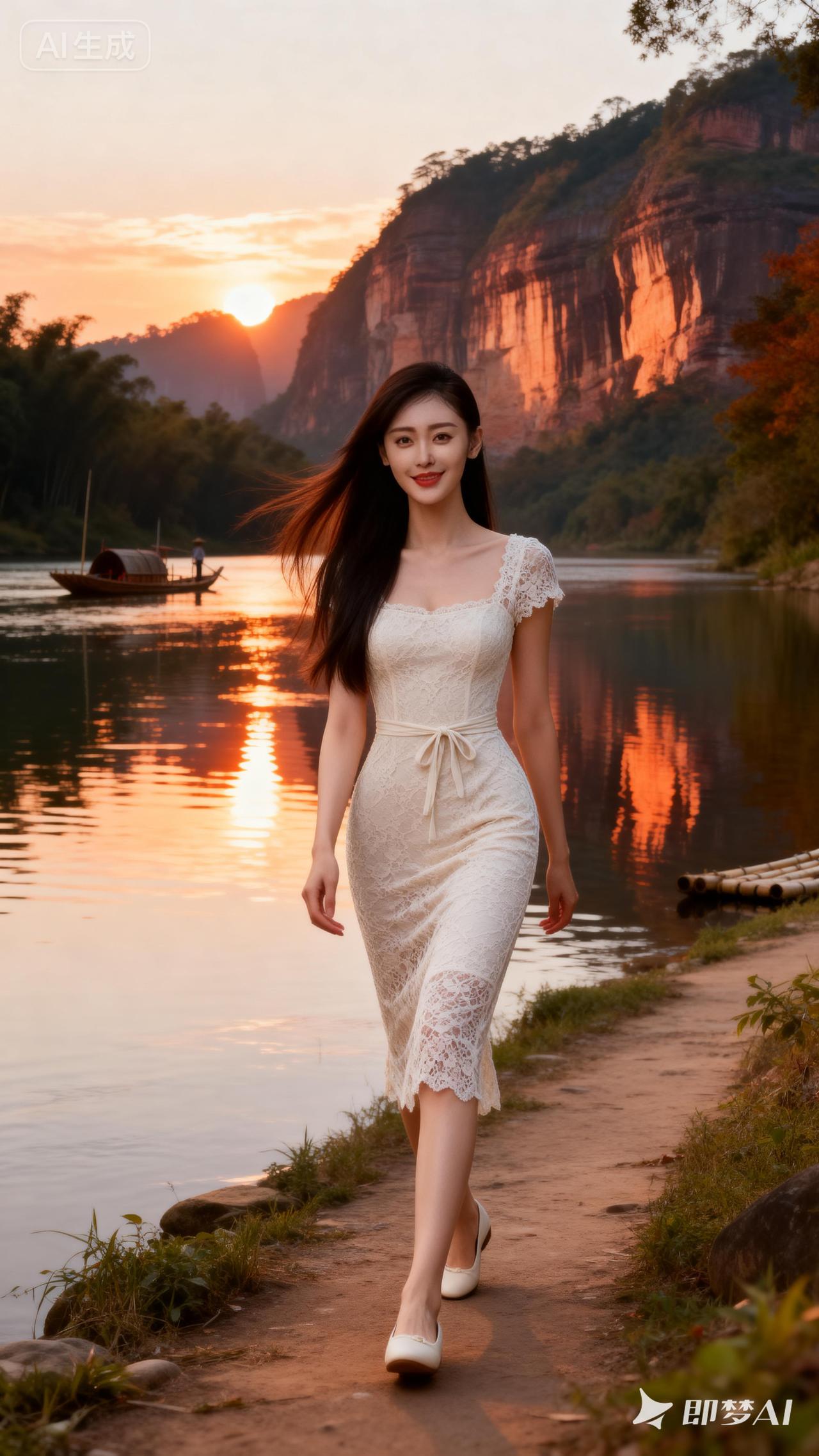 夕阳下的浪漫漫步，裙摆随风飘扬，美不胜收。