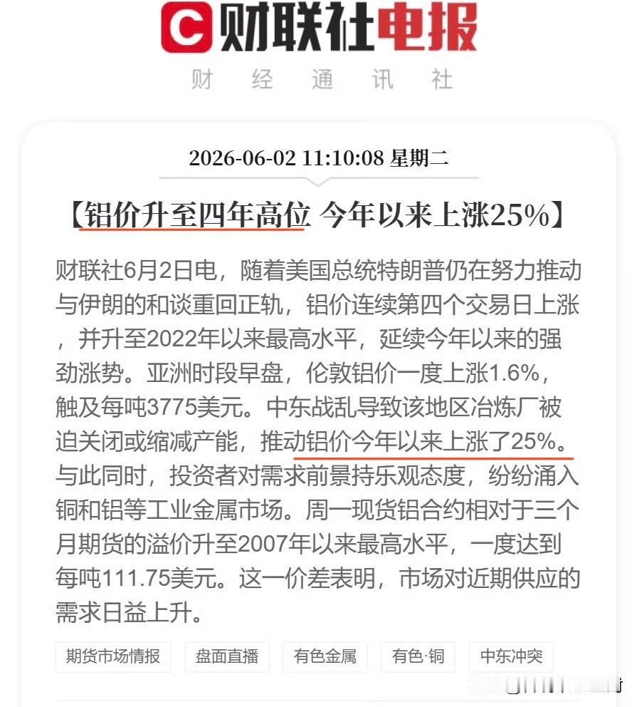 涨声一片啊。现在不仅碳酸锂、内存和芯片这些在涨，就连铝这样的基础原材料都涨到