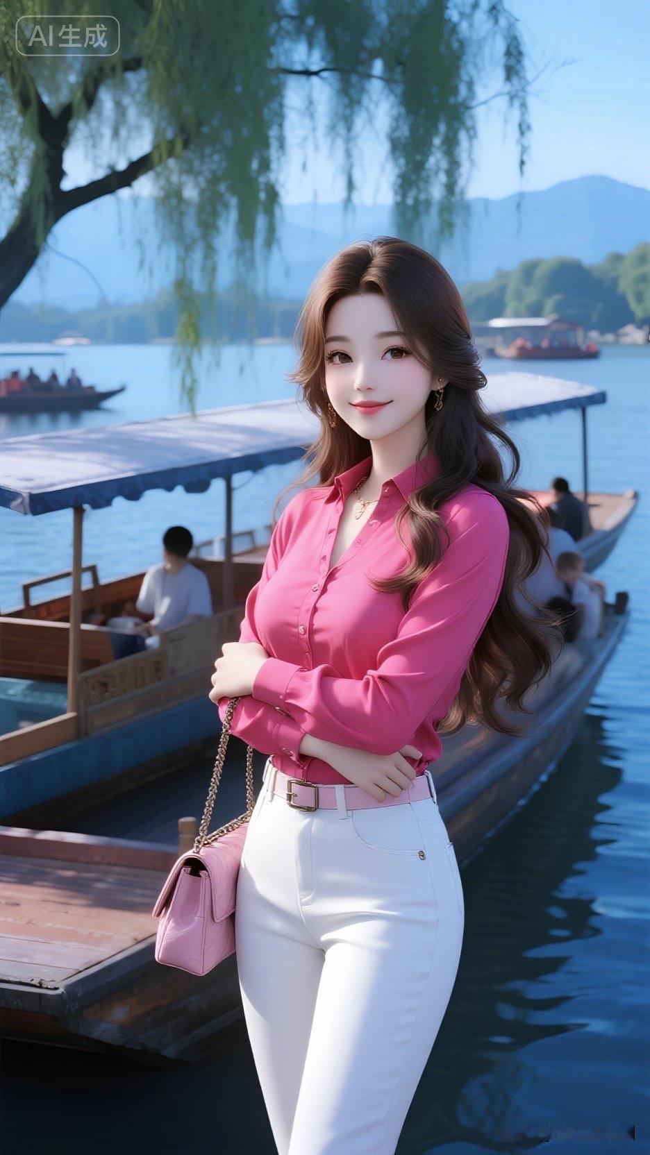 这位美女在湖边拍照片呢。