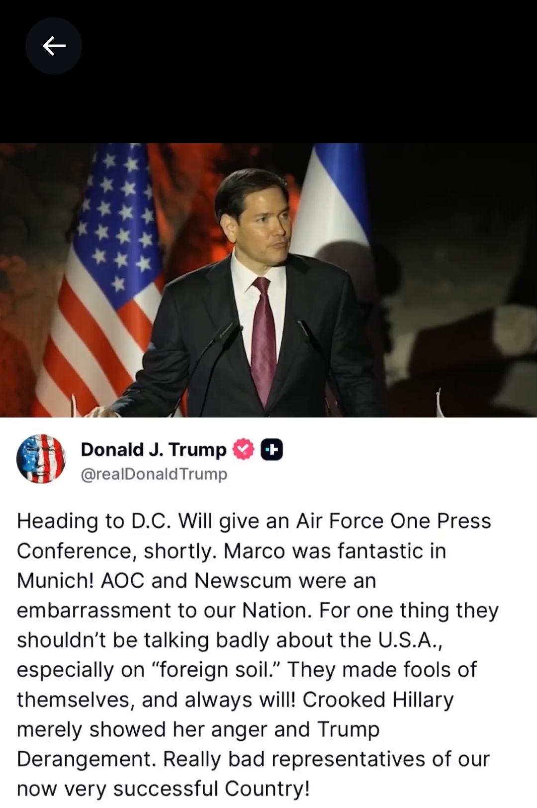 特朗普刚刚对马可·卢比奥在慕尼黑的精彩演讲给予了高度评价，同时猛烈抨击了希拉里、