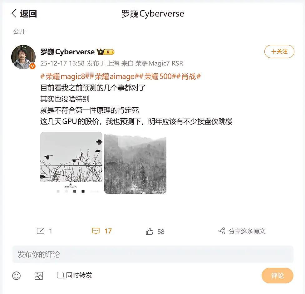 荣耀首席影像工程师罗巍近期在社交平台晒出了荣耀Magic8Pro拍摄的雪景样张