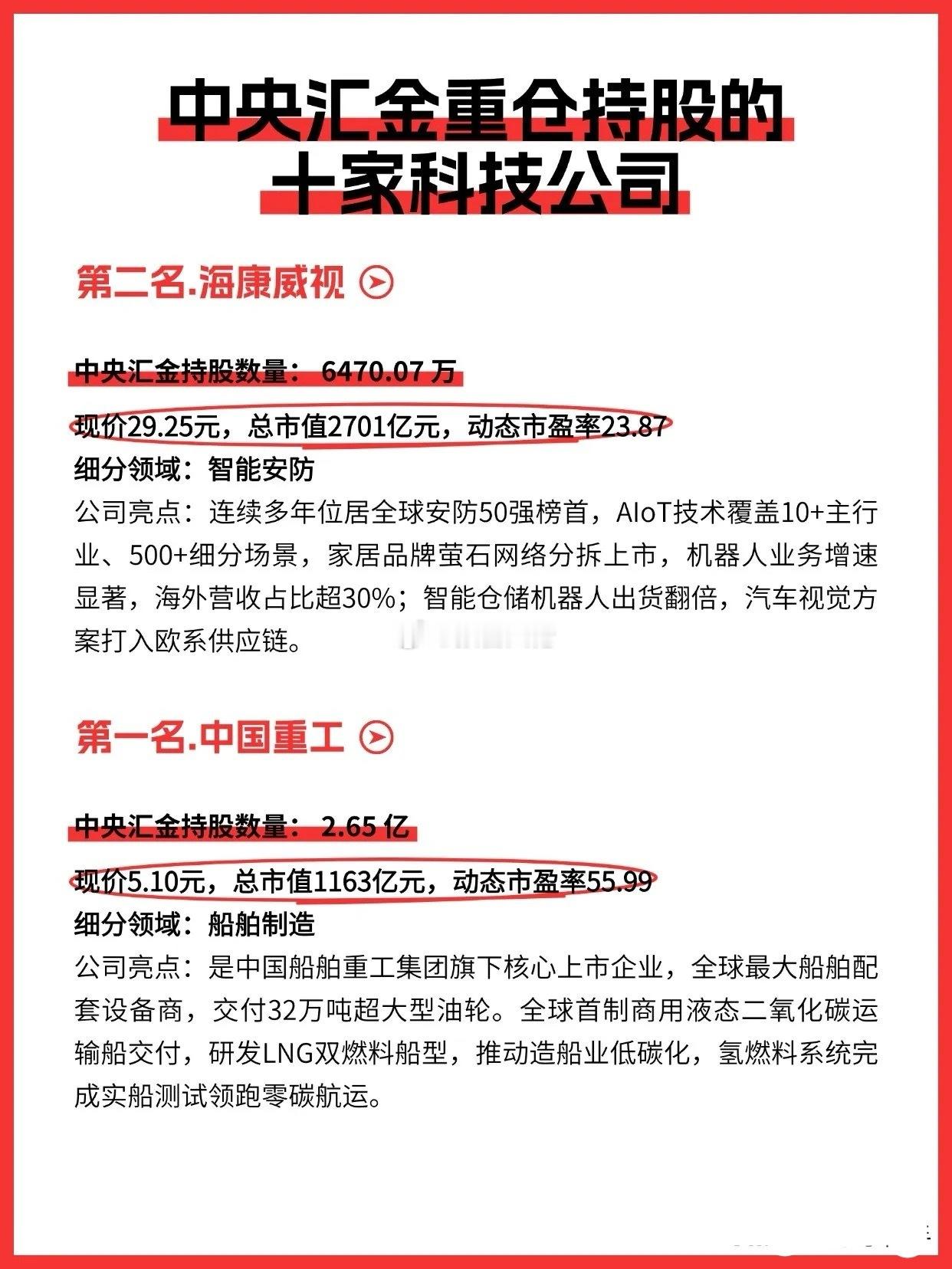 中央汇金重仓的10大科技企业，亮点多多！​​​
