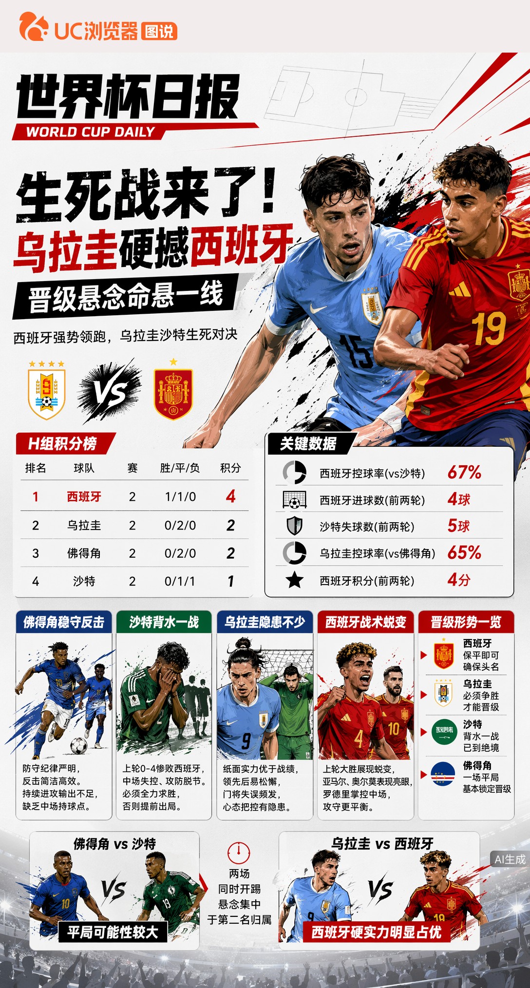 生死战来了！乌拉圭硬撼西班牙，晋级悬念命悬一线