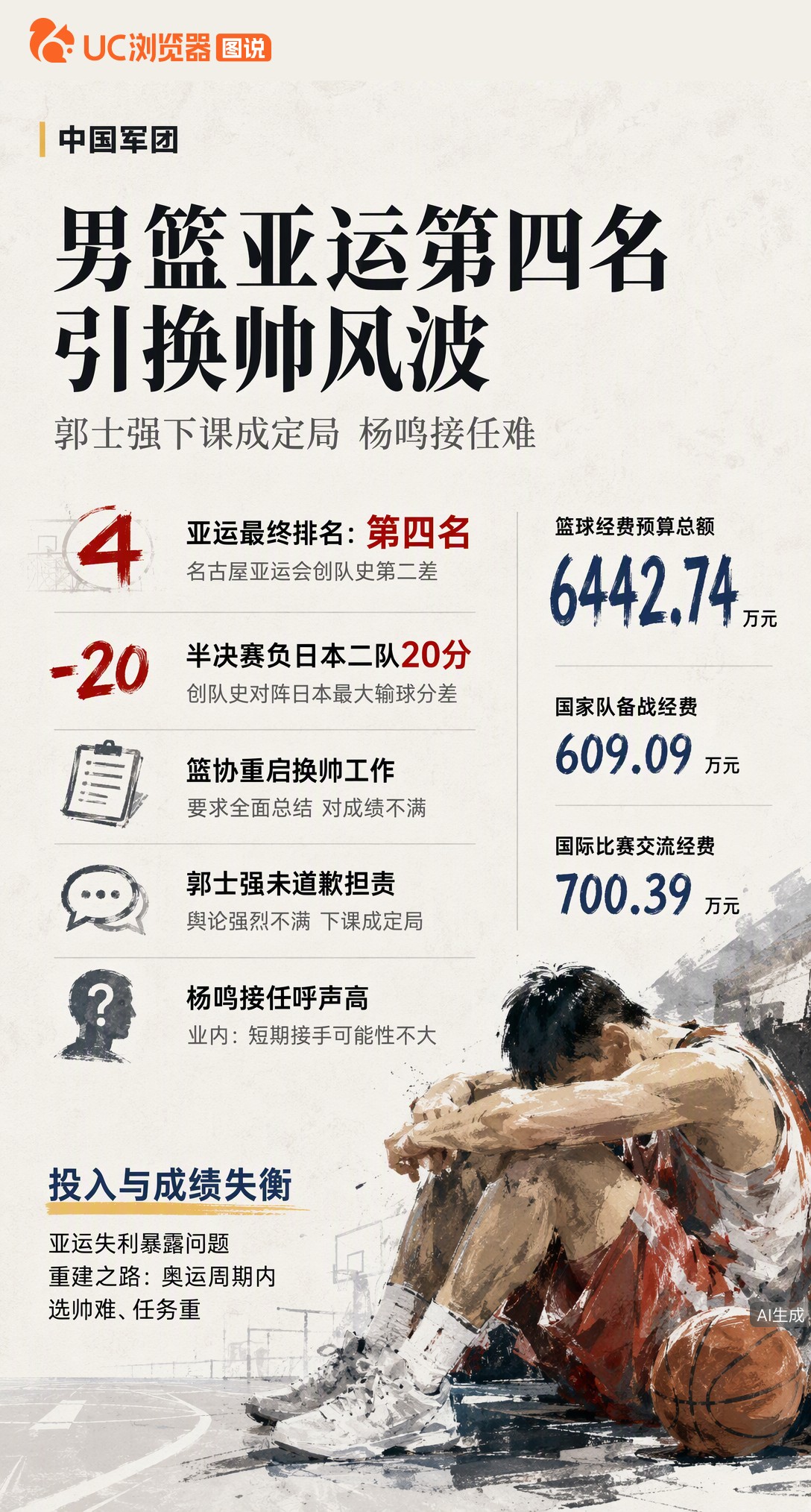 男篮亚运第四创队史第二差，半决赛负日本二队引换帅风波。曝郭士强下课成定局，但杨鸣短期接手难。备战及交