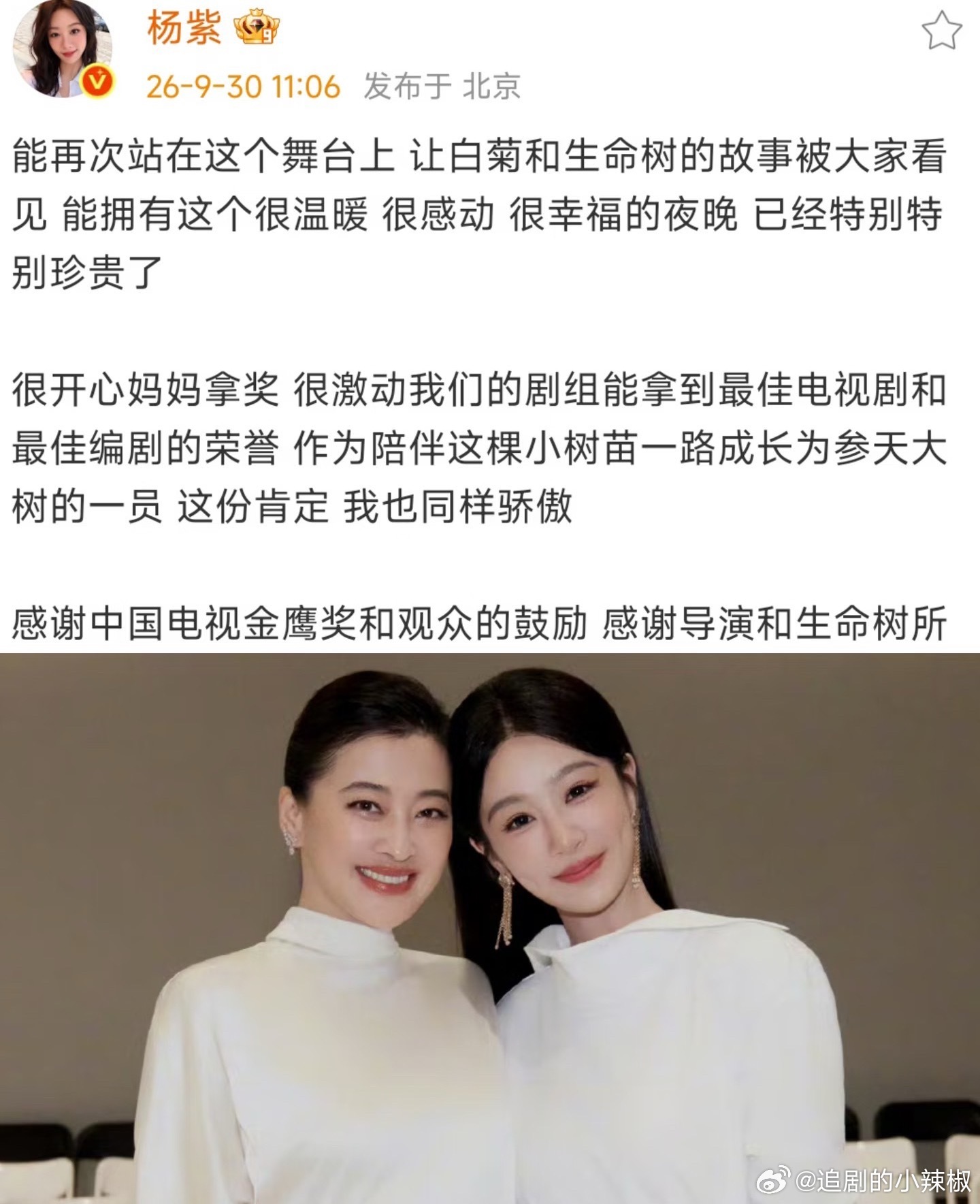 杨紫参加金鹰奖后写的小作文，好真诚得了白玉兰让她对于拿奖淡定了很多​
