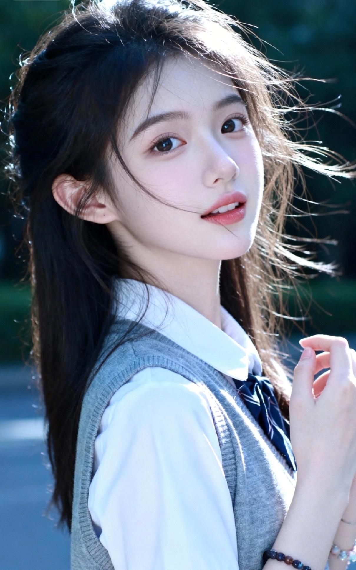 光之影风拂青丝动，笑靥如花绽。