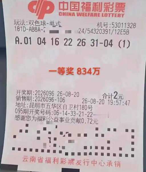 一注单挑拿下834万头奖！云南昆明市五华区自卫村福彩站斩获双色球头奖，彩友仅2元