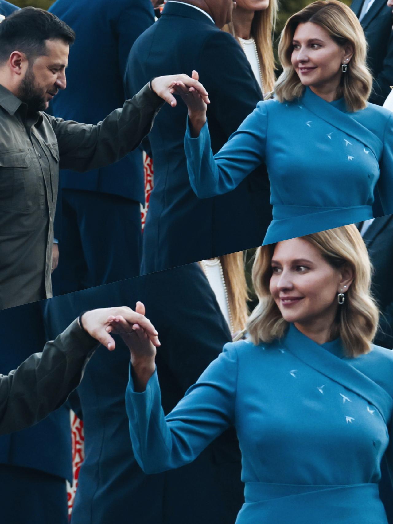 泽连斯基和妻子叶莲娜这是想展示一下双人舞蹈呢？还是在秀恩爱啊？叶莲娜看向泽连斯