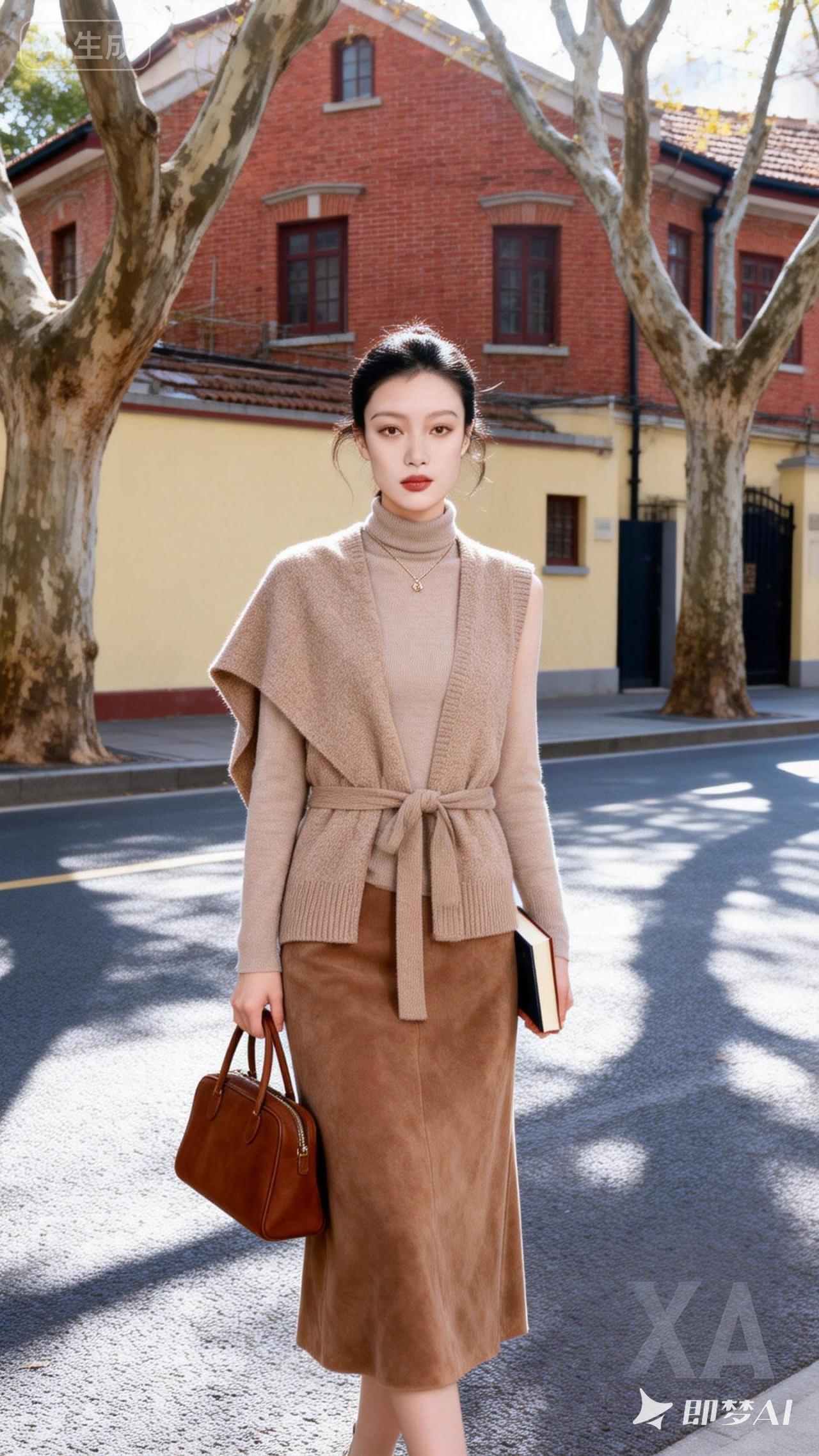秋日穿搭指南：复古毛衣+棕色半身裙，优雅气质满满！