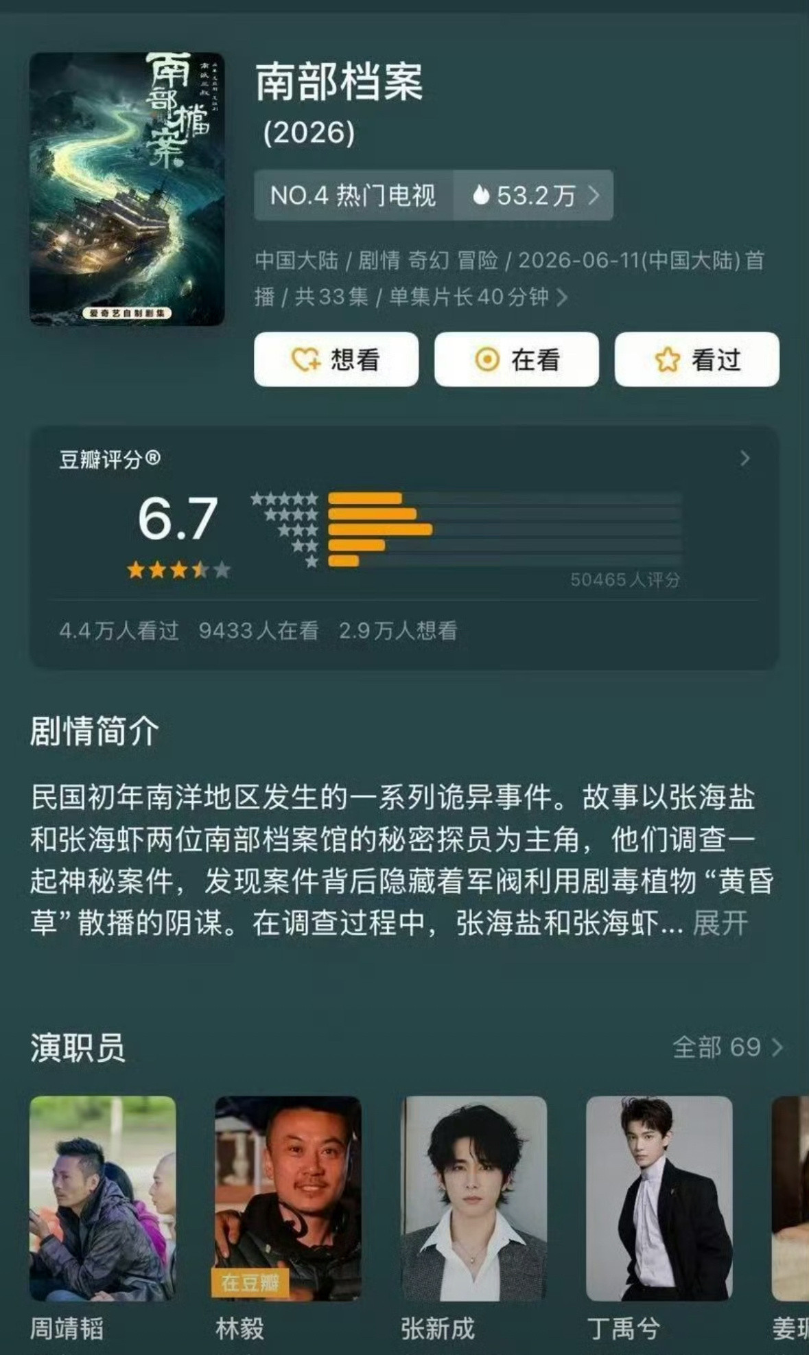 南部档案开分了，6.7，我觉得还是有些低了，7分以上吧。这个剧我看了我有发言权