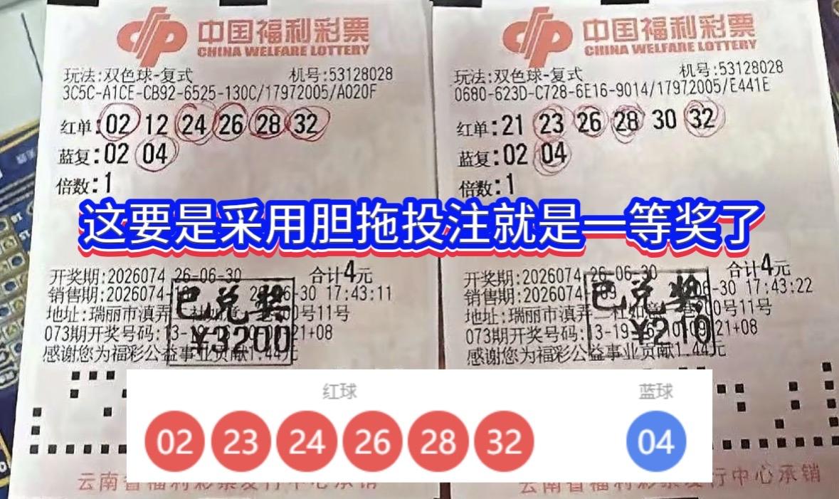 两张彩票拆分全部开奖号，换个玩法就能拿下一等奖。双色球26074期开奖过后，