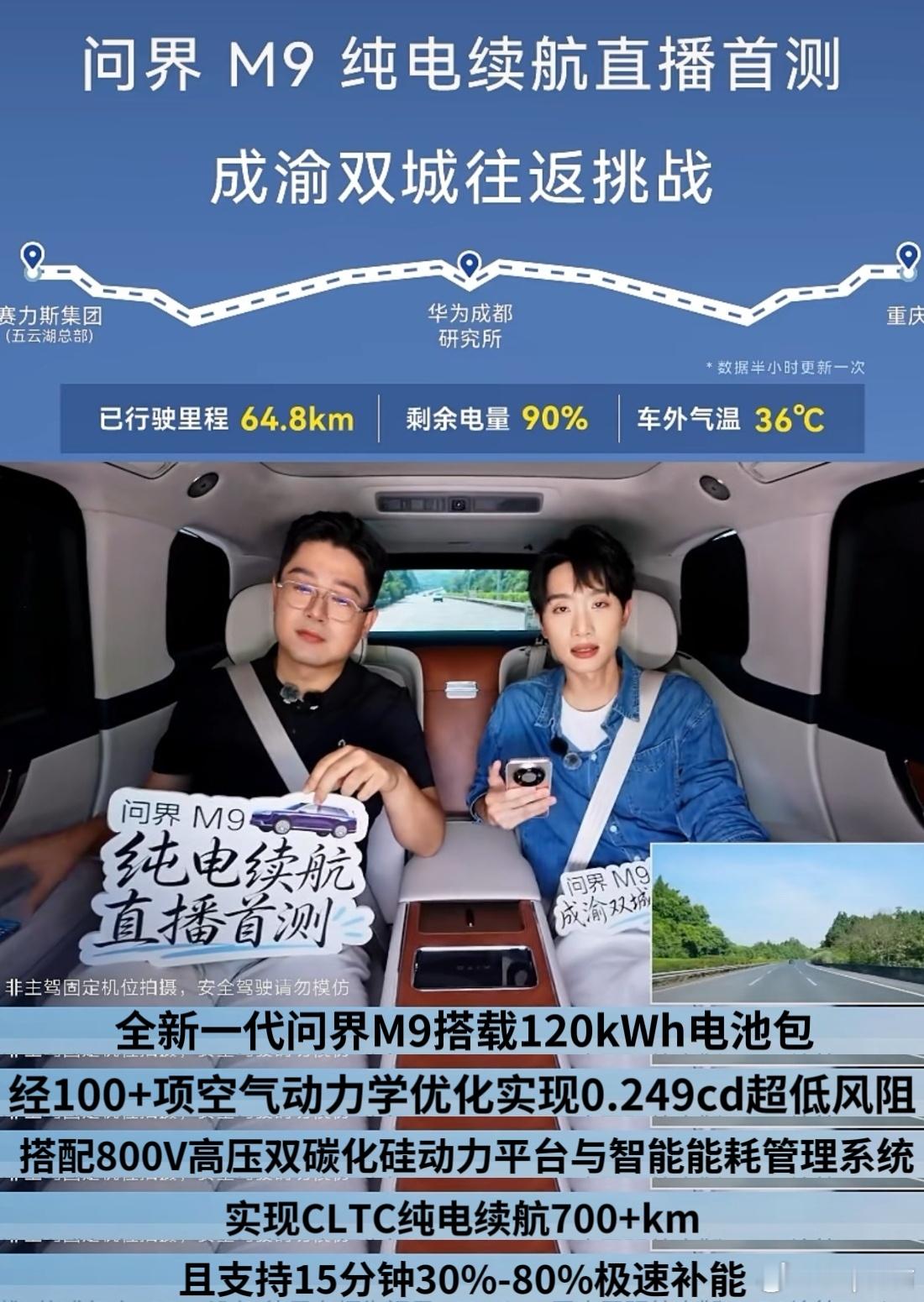 目前全新一代问界M9纯电版成渝双城往返续航直播正在进行全程还原真实长途出行场景：