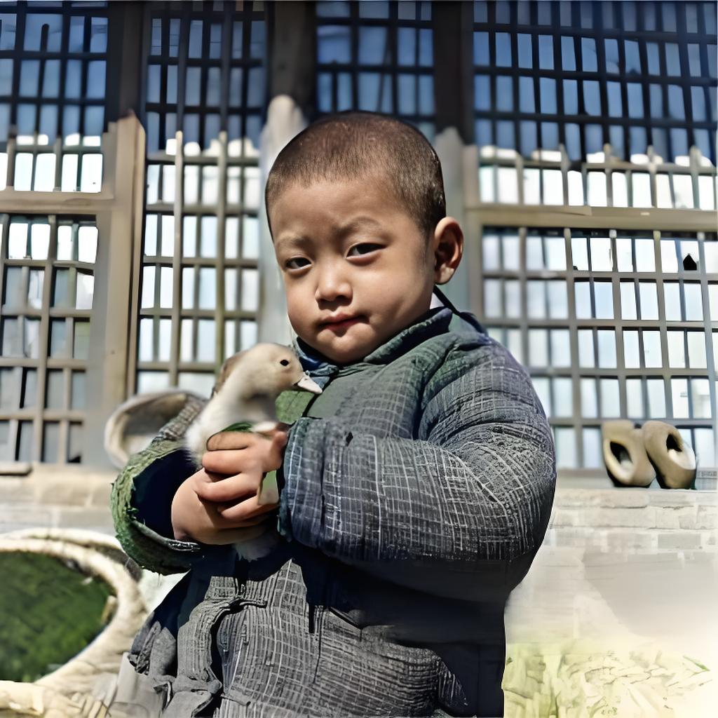 1947年，永定门东来记鸭子坊，一个穿着传统棉袄的孩童，双手紧紧抱着一只小鸭，背
