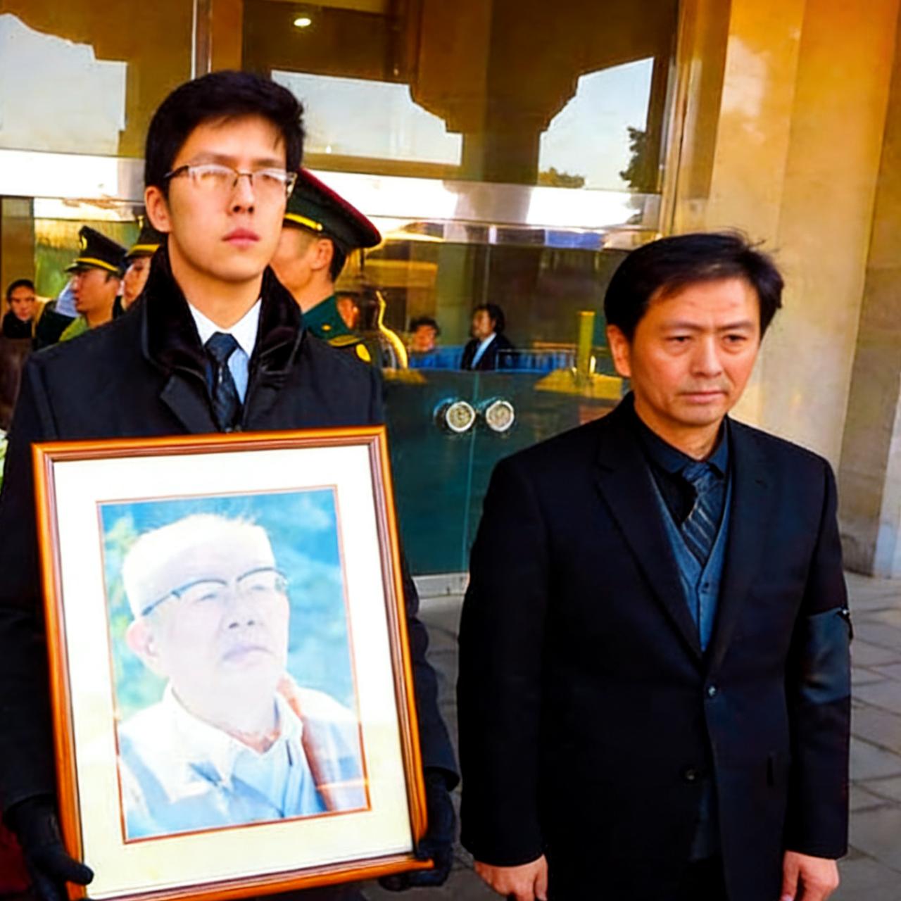 2017年，周有光的葬礼上，重孙抱着太爷爷的遗像，一张罕见的留影，旁边的中年男子