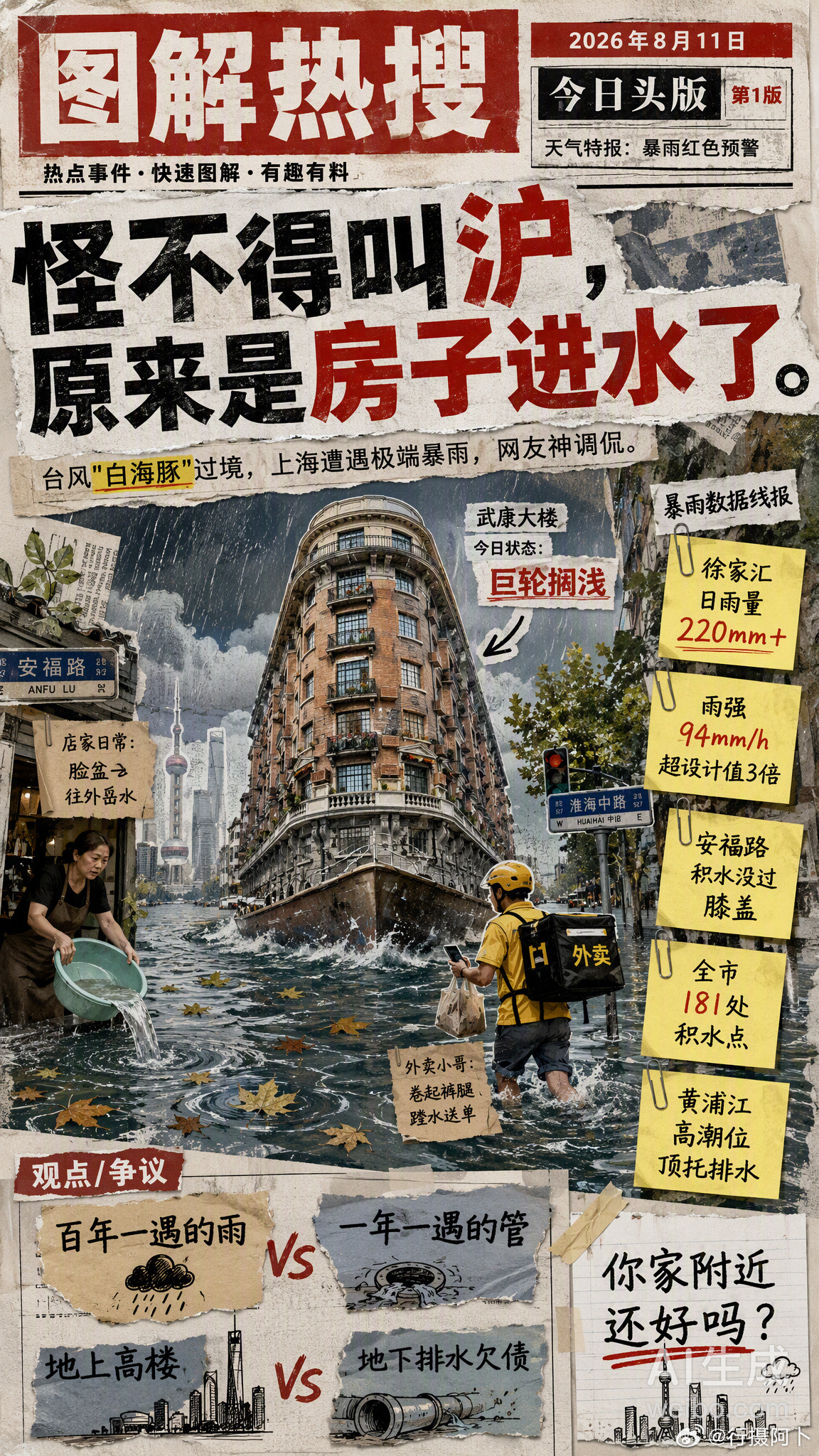 怪不得叫沪原来是房子进水了台风“白海豚”过境，上海8月9日—10日遭遇极端暴雨
