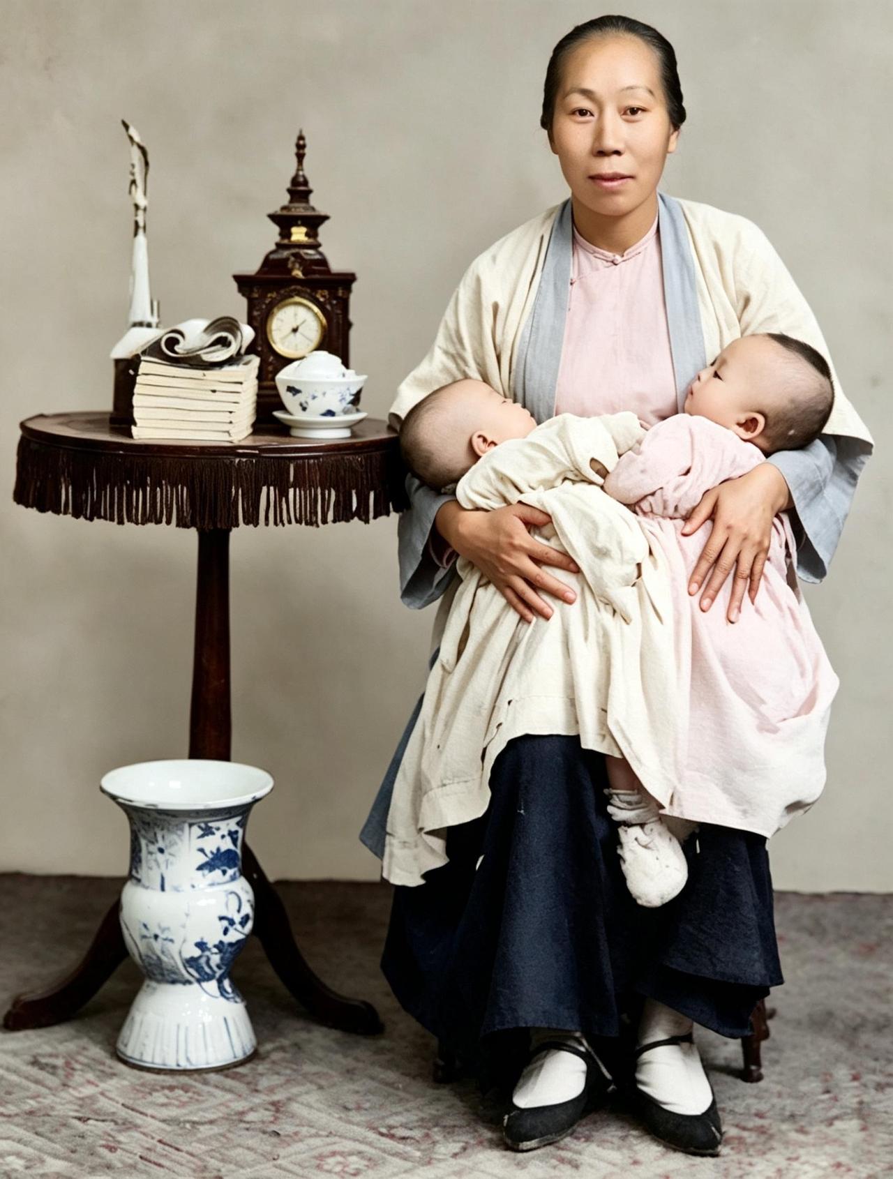 这是晚清一名达官贵人之家雇佣的奶妈。与其他奶妈不同的是，这名奶妈需要哺乳两个孩子