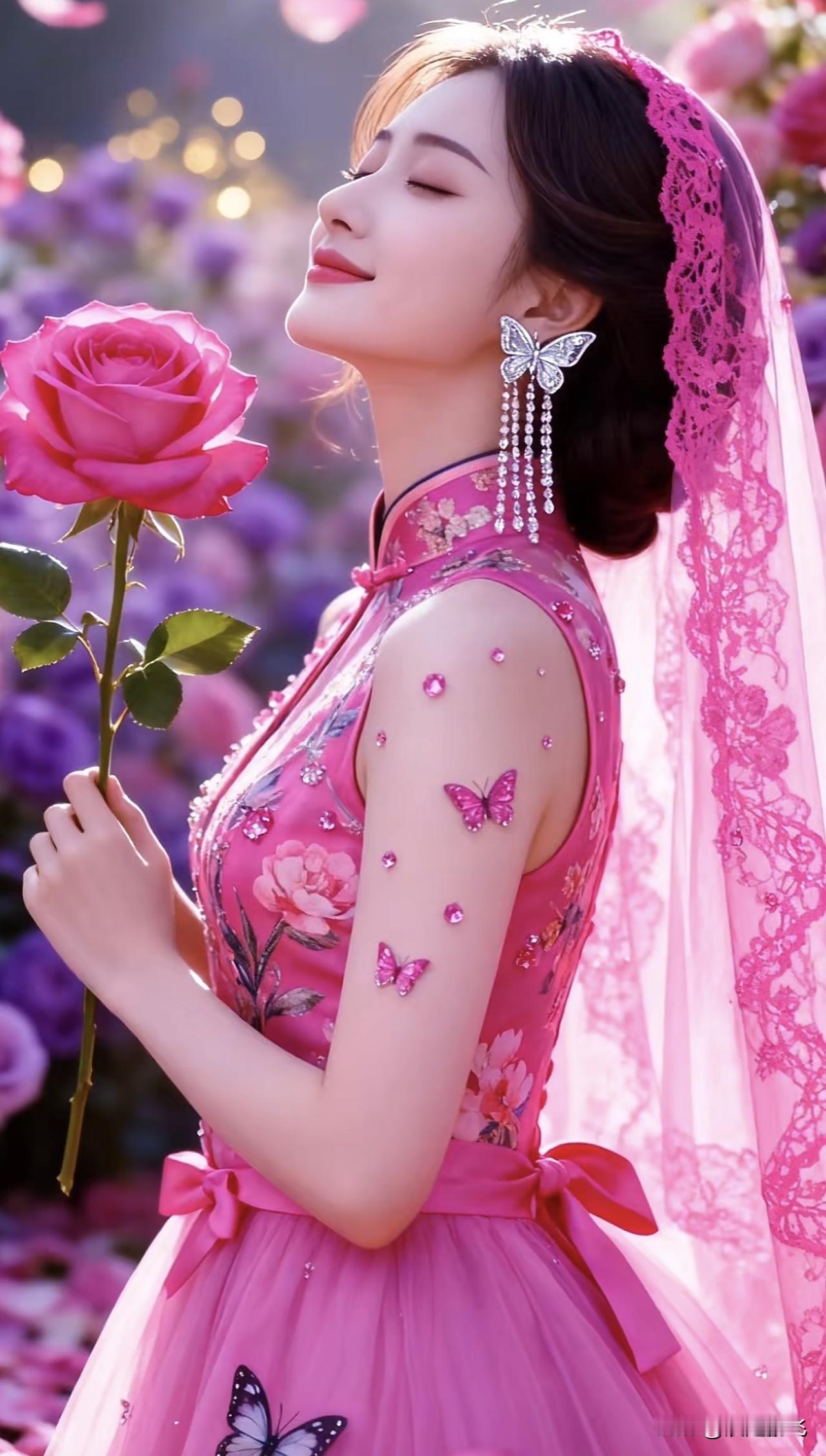 梦幻粉裙少女，手捧玫瑰，蝴蝶翩翩起舞玫瑰红裙少女红衣花裙少女粉裙花束少女红