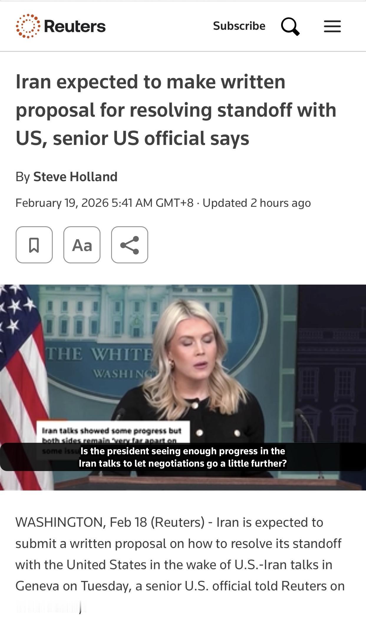 路透社：伊朗同意提供书面提案但美军下月中完成集结到位路透社华盛顿2月19日