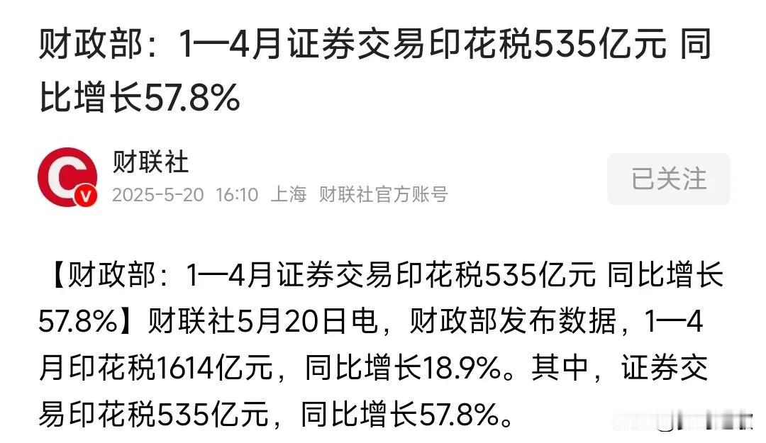 印花税又大赚了1-4月的印花税同比增加了57.8%，这都得益于股市中散户活跃度
