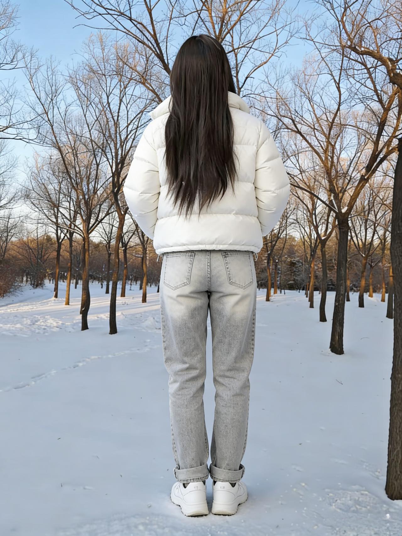 雪把世界洗成单色她的背影是这画布上的立体注脚白羽绒服裹着柔软的铠甲牛仔裤贴