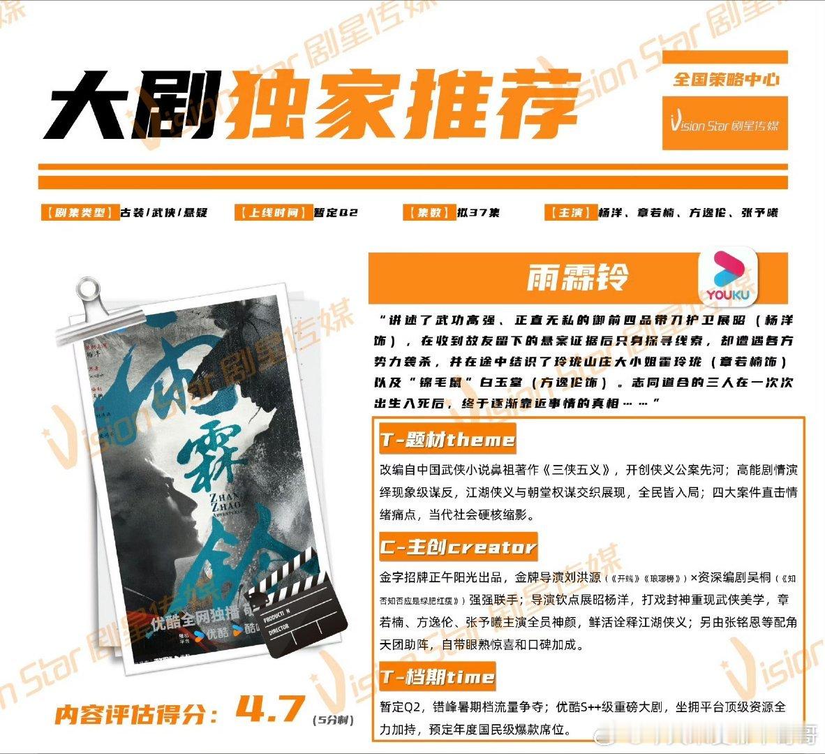 杨洋《雨霖铃》招商，Q2播出，优酷S++大剧，错峰暑假档预订爆款席位