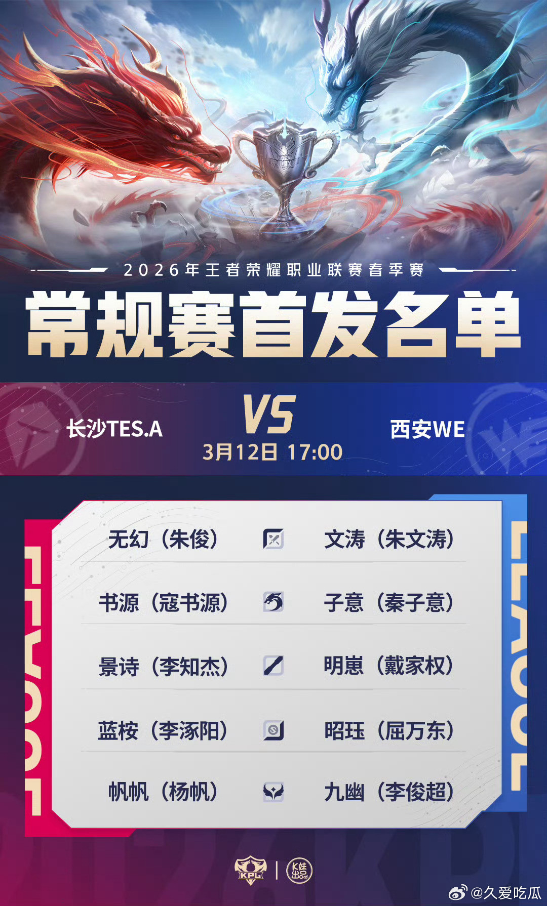 2026KPL春季赛今日首发名单长生钟意回归首发