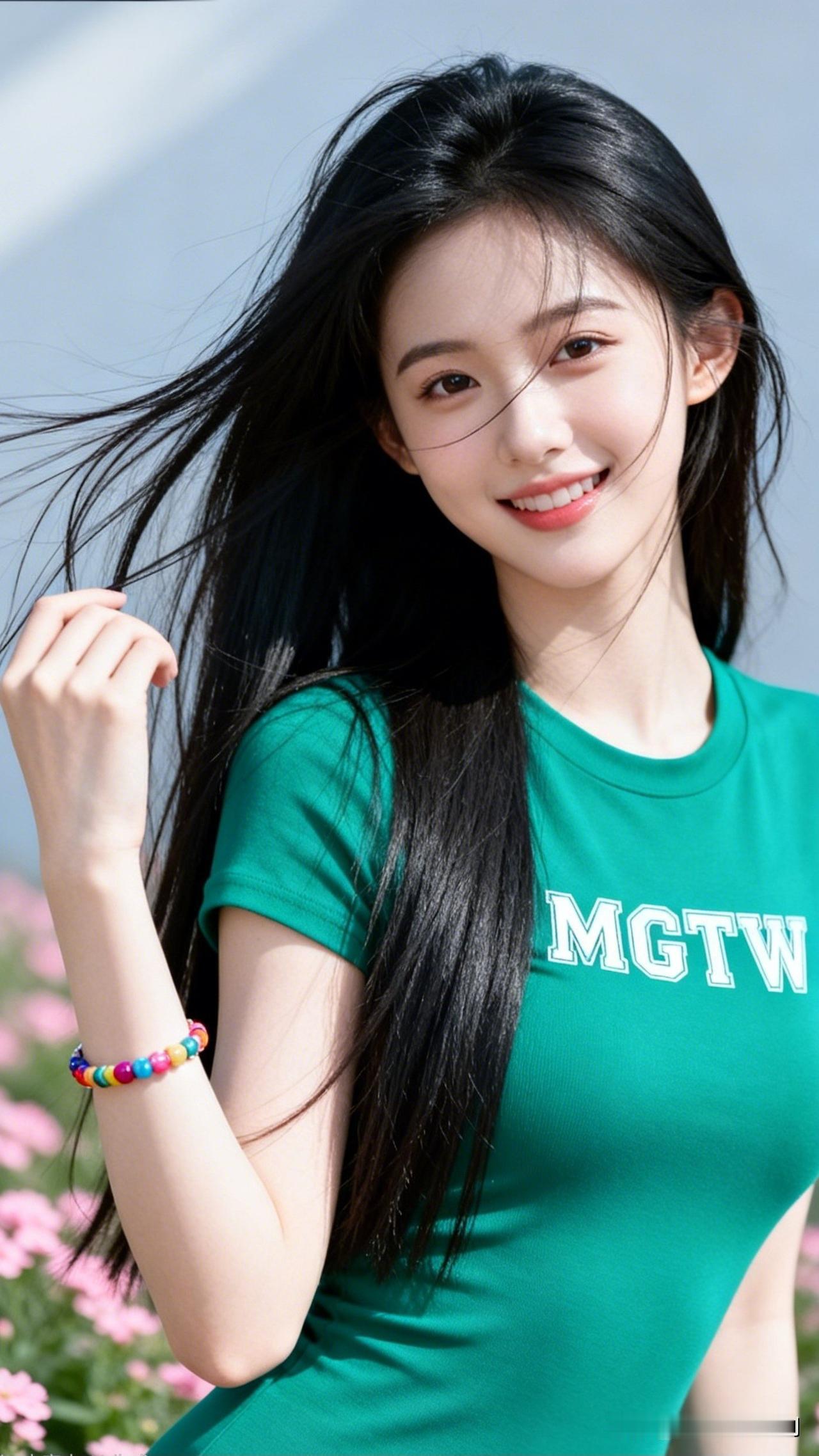 阳光明媚的夏日，绿T恤少女微笑面对镜头，散发着青春活力！🌞💚😊